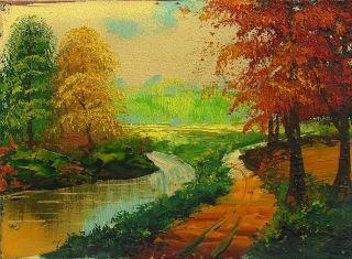  Oil Painting Landscape Forest Autumn Original Signed Lake Knife