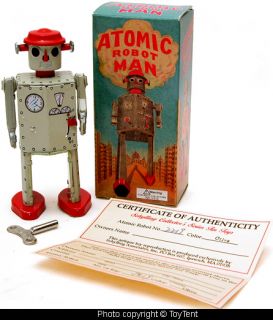 Atomic Robot Man tin wind up red cap robot with certificate, box and