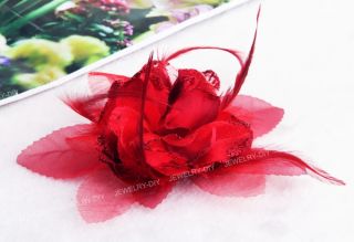 Red Organza Feather Flower Corsage Brooch Pin Hair Band Burlesque