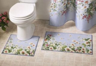  Daisy Meadow Flower Floral Blue Bathroom Rug Mat Set Bath Towel
