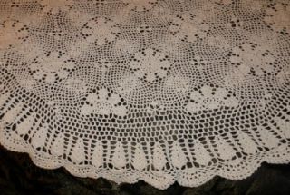  Large Oval Table Cover   Vintage Hand Made Cotton Ivory Flower Pattern