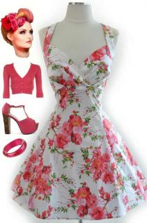 50s Style Pink Blossoms Surplice Halter Neck You Are Cherry Welcome