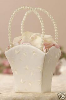 Embroidered Wedding Flower Girl Basket Pearl Handle