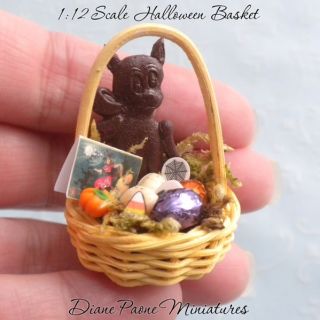 Unique Halloween Hand Painted Round Basket of Goodies   Dollhouse
