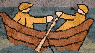 Vintage Folk Art Grenfell Labrador Hooked Rug Mat Boat Figures
