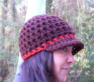 Handmade Brown Red Crochet Bill Cap Hat Hippie Rasta Visor Medium