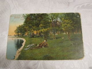 City Park and Fox River Neenah Man with Bicycle Wi Antique Postcard