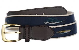 Mens Leather Canvas Sport Belt w Embroidered Fish 9804