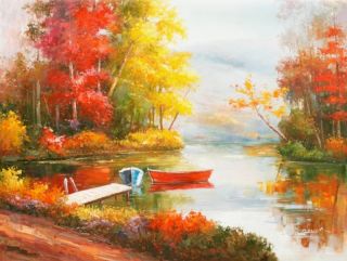 Season Autumn Fall Trees Forest Lake 36X48 Oil Painting