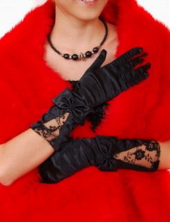 Black Satin Formal Prom Dance Gloves w Lace Bow Trim