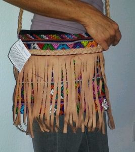 Precious Hands Huipil Leather Fringe Bag in Chestnut Handmade One of A
