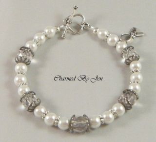 LUNG CANCER Awareness Czech Glass Pearl Bracelet w HOPE Ribbon Charm