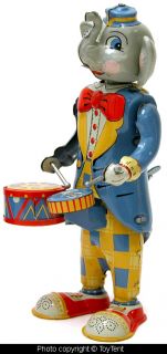 Drumming Elephant Tin Wind Up Circus Toy Fossil Japan