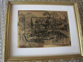 Vintage Print Etching Drawing Harbor Shelter Lionel Barrymore Signed