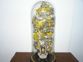 Antique French Victorian Flower Marriage Arrangement in Glass Dome
