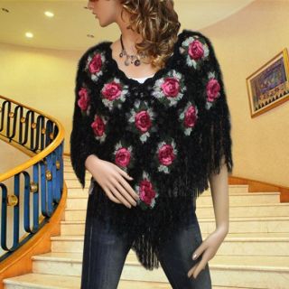 Black White Crocheted Flower Faux Fur Sweater Cape 1468 M L XL