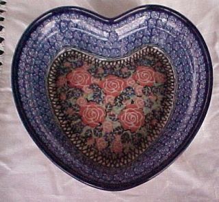 Polish Pottery CA Unikat Large Heart Shaped Bowl 8 1 4 X 2 1 4 Signed