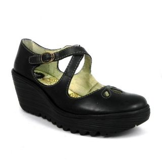 Fly London Yate Womens Leather Cross Straps Wedge Platform Shoes Black