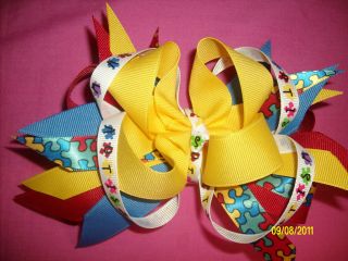Autism Awareness Boutique Hair Bow Red Yellow Blue Choice of Clips