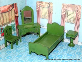 Strombecker Vintage Dollhouse Furniture 1930s Gorgeous Green Bedroom