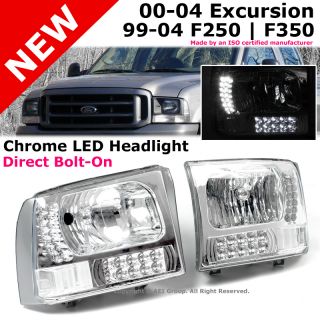 Ford F 250 F 350 Super Duty Excursion Chrome Housing Headlight LED