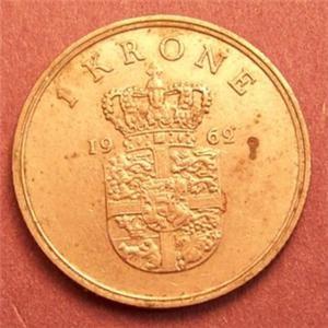 Denmark Danmark 1 Krone Coin 1962 Frederik IX Coat of Arms F VF