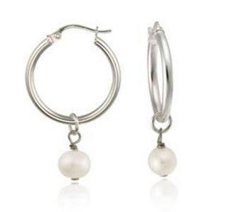 Genuine White Freshwater Pearl Hoop Earrings 14k Gold Over 925 Silver