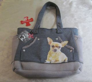 Fuzzy Nation Chihuahua Grey Pocket Tote Handbag New