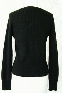 Forte Soft Black 100 Cashmere Cableknit Sweater M V Neck Long Sleeve