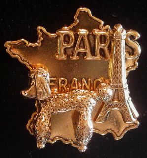 Paris France Pin Brooch Eiffel Tower French Poodle 24 Karat Plate I