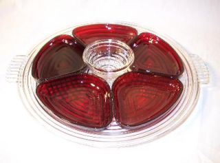Anchor Hocking Manhattan Ruby Red Relish Set Tray 7 Pieces MINT 
