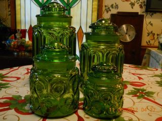 Vintage L E Smith Green Glass Moon Stars Canister Set Excellent