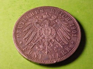 Prussia 5 Marks Silver Crown 1901 Friedrich Wilhelm II Nice