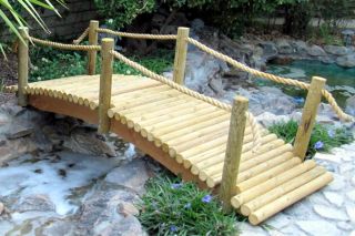 Rustic Decorative Log Garden Bridges with Rope Rails and Low Arch