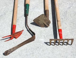 Vintage Garden Lawn Tools by Union Lot of 4 Hoe Rake Weed Grass Cutter