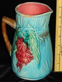  George Jones Style Primitive Majolica Pottery Jug Pitcher Floral W