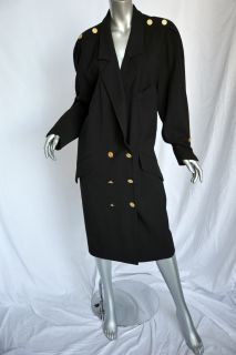 Chanel Boutique Long Black Coat Jacket Double Breasted Gold Military