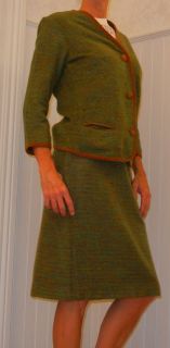 VTG 60s aqua camel wool tweed jacket skirt dress OUTFIT SUIT Koret CAL