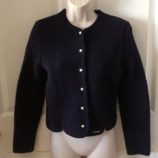 GEIGER Austria Navy Blue Boiled Wool Cropped Jacket Silver Buttons 40