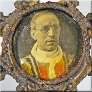 1940s Italian Brass Micro Mosaic Pipe Pius XII Cross Necklace Pendant