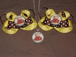CURIOUS GEORGE Brown Yellow Bottlecap Hairbow Necklace Set 888