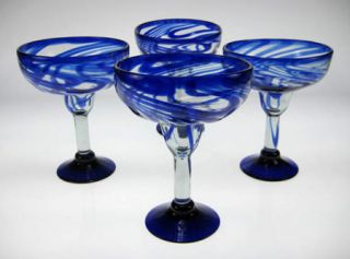 Mexican Margarita Glasses Blue Swirl 4 Hand Blown