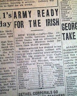 Notre Dame Knute Rockne George Gipp Army 1928 Newspaper