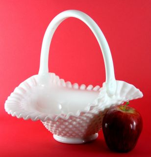 Estate Vintage Fenton White Milk Glass Basket Hobnail Pattern Crimped