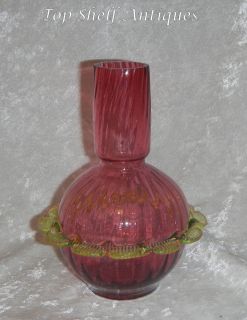 TS Antique Cranberry Yellow Vaseline Vase Optic Swirl Pinched Frill