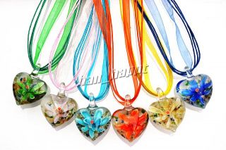 Lots 6pcs Heart Murano Glass Bead Pendant Silk Necklace Jewelry