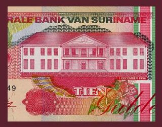 10 Gulden Banknote Suriname 1996 Toucan Banana Plantation Pick 137 UNC