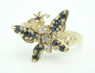 Estate 10K Yellow Gold Butterfly Sapphire Diamond Ring