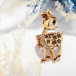 14k Gold Plated Rhinestone Spotted Deer Stretch Cocktail Ring Coffee