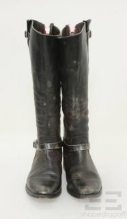 Golden GOOSE Distressed Black Leather Red Zip Knee High Boots Size 38